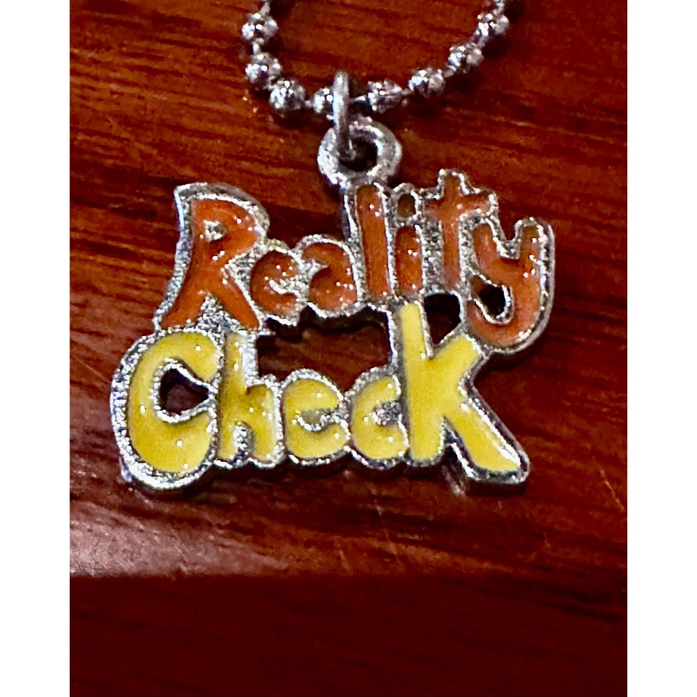 Reality Check Enamel Pendant Necklace Silver Tone Ball Chain Orange Yellow Y2K